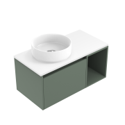 900 Savanna Luxe Wall Hung Left Hand Offset Basin Vanity (1 Drawer, 1 Open Shelf Right) - Specify Co