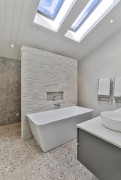 Design by Emblazon Interior Design Studio. Tiling by Arc Tiling. With Colosseum Travertine and Blanco Brillo Matt